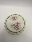 Vintage Lefton 87 Hand Painted Trinket Jewelry Box Pink Roses 3d Gold Trim