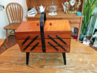 Vintage Accordion Fold Out 3 Tier Wooden Handled Sewing Box chest W  Legs 