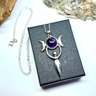 Triple Moon Amethyst Pendant 925 Silver Goddess Wiccan Necklace Boxed