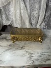 Floral Filigree Ormolu Glass Footed Casket Gold Dresser Box Antique 9x4  a3163 