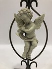 Vintage Bronze Tone Metal Standing Candle Holder W white Cherub Angel 10   x 5   