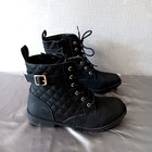 Childrens Place Womens Faux Leather Combat Boots 6 Black Gold Buckle Zip Grunge