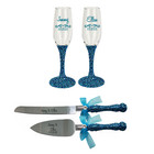 Dark Turquoise Glitter Toasting Flutes And Cake Knife Server Set  Wedding Gift