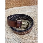 Genuine Leather Floral Cutout Embroidered Belt Brown Brass Buckle Size Medium