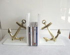 Bookends With Brass Tone Metal Anchors  White Wood Nautical Navy Theme Art Deco