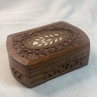 Vintage Hand Carved Wood Trinket Box Inlaid Lid Purple Felt Lined Made In India