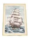 Vintage Handmade Nautical Ship Punch Needle Art Framed Folk Embroidery
