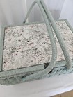 Vtg Woven Wicker- Floral Tapestry Large Satin Lined Sewing Basket  Metal Closure