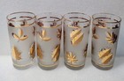 Vintage Mcm Set Of 4 Frosted Highball Barware Glasses With Gold Leaves 5 5    Tall