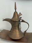 Antique Middle Eastern Brass Dallah Coffee Pot And Decorative Tray Set 