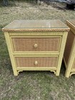 2 Vintage Henry Link Coastal Yellow Wicker Rattan Night Stands W  Glass Top 1988