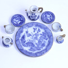      Vintage Blue Willow Porcelain Miniature Tea Set     8-piece With Tray