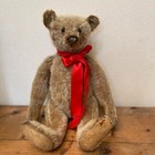Antique Steiff Teddy Bear Vintage Collectible Ear Button Brown Red Ribbon Used