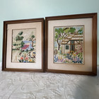 Pair Of Vintage 1942 Country Cottage Garden Needlepoint 13    X 11    Framed  Signed
