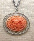 Vintage Large Coral Pendant Necklace Asian Carved Bird Flowers Silver Tone Rope 