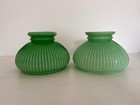 Pair Vintage Green Opaline Glass Lamp Art Deco Ribbed Pendant Light Shades 