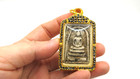 Old Phra Somdej Thai Buddha Amulet Wat Rakang Pendant Black Onyx Stone Gold Case