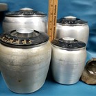Vtg Mcm Spun Chrome Kitchen Canister Set 4 Black Lids W Scoops  Heavy Soiling An