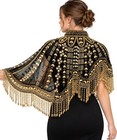 Black Gold Beaded Bridal Cape Shrug Mirror Work Handmade Evening Poncho