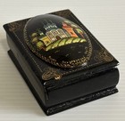 Vintage Russian Hand Painted Black Lacquer Miniature Wooden Hinged Trinket Box