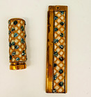 Vintage Vanity Set  Folding Comb And Lipstick Holder Retro Diamond Pattern Gold