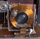 Vintage Folding Bellows Camera  Black  Wooden Bed base  Brass Lens 1887-1910
