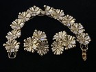 Vintage Set Gold Vermeil Plastic Flower Bracelet 6      Earrings W  Rhinestone Vtg