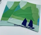 2x 1970   s Vintage Vera Neumann Sailboats Blue Green Mountain Landscape 30x20   
