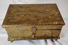 Vintage Brass Embossed Ornate Jewelry Box Trinket Box Wood Fame Velvet Lined