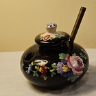 Vintage French Marseille Faience Floral Inkwell Black Pottery Brass Pen Holder