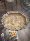 Vintage Brass Cigar Ashtray Ornate Oval Figural Music Band Etched Heavy Decor