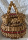 Vintage Woven Wicker Rattan And Wood  Sewing Basket With Red Trim