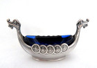 Vintage Norway 925 Sterling Silver Viking Boat Open Salt Cellar W  Glass Insert