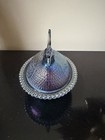 Indiana Glass Iridescent Carnival Blue Hen On Nest Covered Candy Dish 7   
