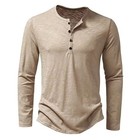 Men s Shirt Cotton Henley Neck T-shirts Long Sleeve Casual Button Plain