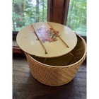 Vintage Woven Wicker Sewing Basket Round Floral Lid Cream Craft Storage Box