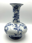 Vintage Chinese Blue   White Porcelain Long Neck Floral Vase 10  Round