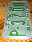 Vintage Arizona License Plate 1949 Grand Canyon State  P-3700 Super Shape