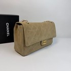 Vintage Beige Diamond Quilted Suede Medium Shoulder Bag Gold Turn Lock Handbag