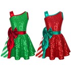 Girls Sequins Striped Dance Dress Figure Skating Dresses Christmas Party Costume