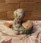Vintage Japan Bisque Porcelain Girl With Basket And Pin Cushion  3 Inches Tall 