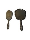 Vintage Ornate Silver Plated Handheld Vanity Mirror And Brush Set