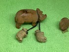 Vintage Miniature Hand Carved Wooden Pig Sow Chained Piglets