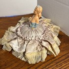 Antique Victorian 1920 s Pin Cushion Half chalkware Lady W satin Lace Dress