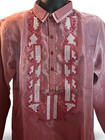 Embroidered Filipino Barong Tagalog Red Blends Organza Satin Tunic Shirt  Large