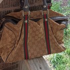 Gucci Gg Pattern Satchel Top Handle Bag Web Stripe Zip Double Handles Silver