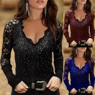 V-neck Blouse Ladies Casual Pullover Lace Long Sleeve Womens T-shirt Beaded Tops