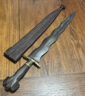 Antique Philippines Kris Sword W  Leather Sheath  Engraved Blade - Wood   Brass