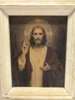 Small Vintage Sacred Heart Of Jesus Color Print Wood Framed Wall Art