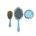 Vintage Celluloid Vanity Set Teal Green Brush Mirror And Jewelry Bowl With Lid